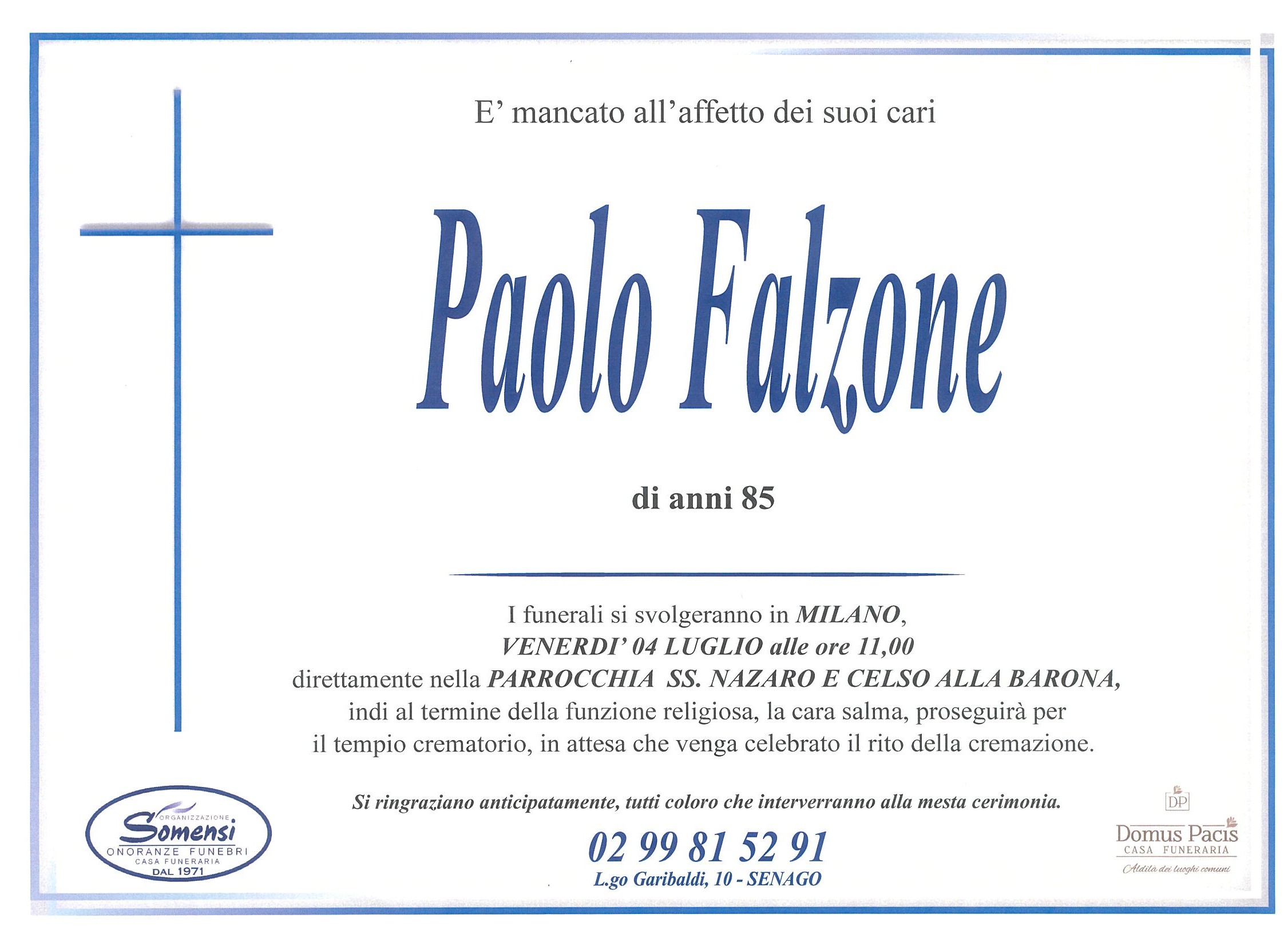 Paolo Falzone di anni 85